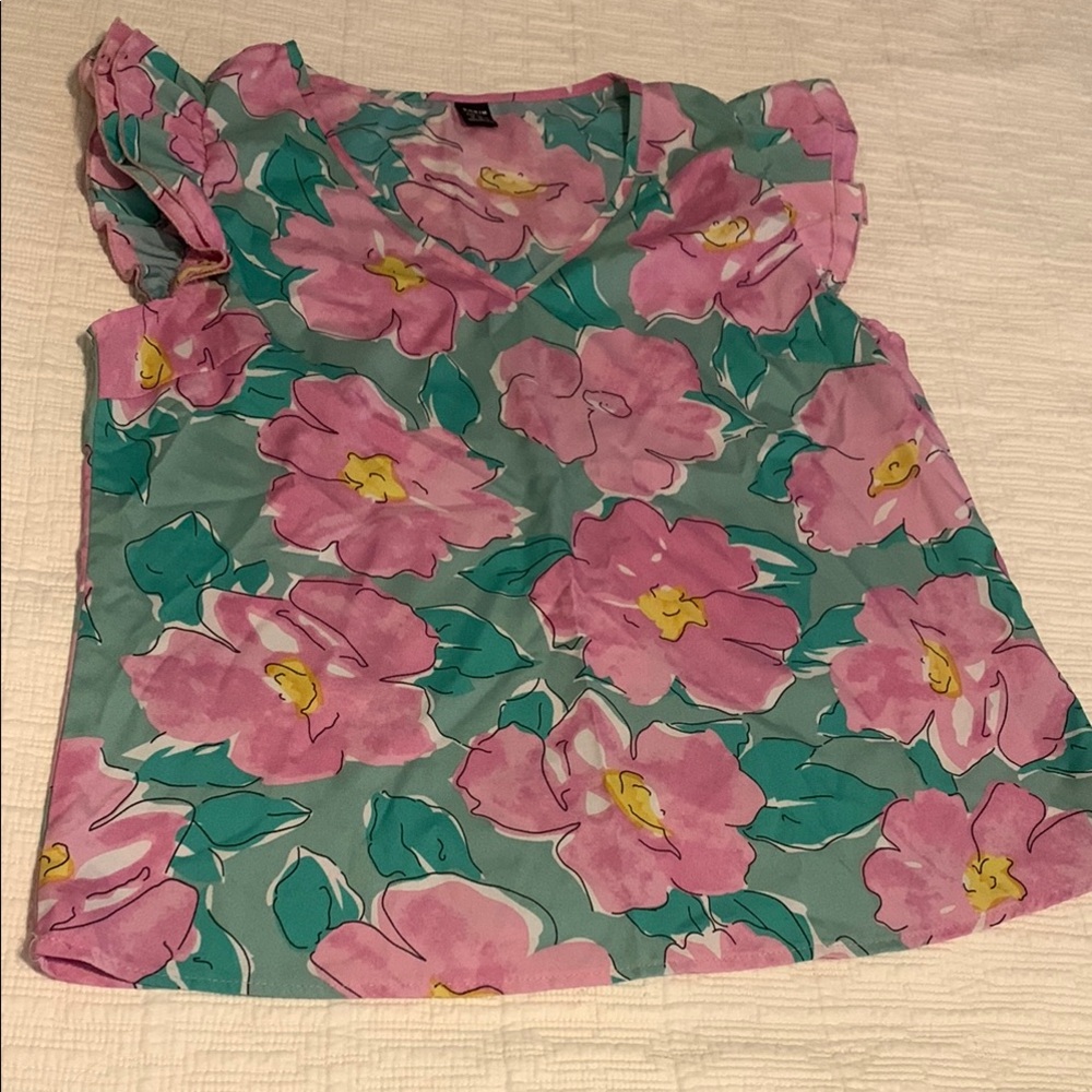 SHEIN Pink and Green Floral Blouse Sleeveless Scoop Neck